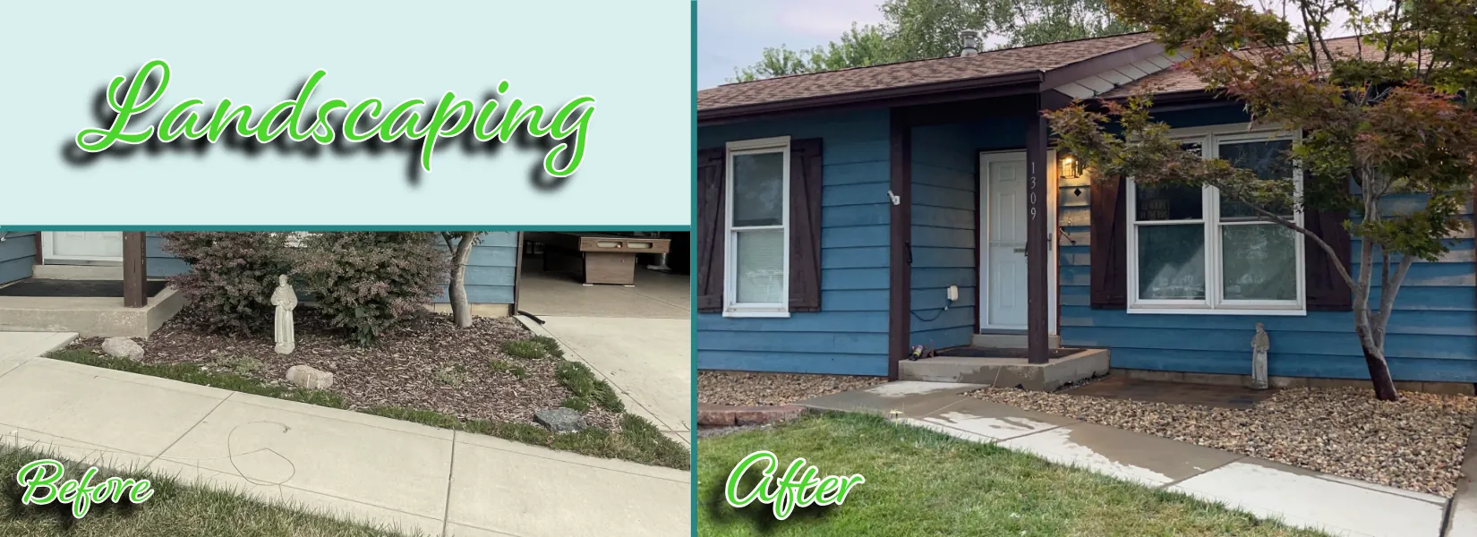 Before and after landscaping transformation by Graceful Grounds Landscape and Design in Saint Louis, Missouri, featuring improved curb appeal with fresh greenery and decorative stonework.