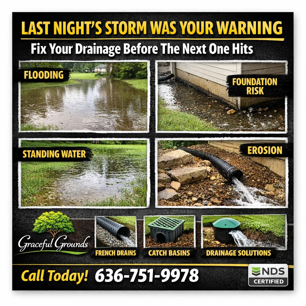 Collage highlighting common yard drainage problems including flooding, standing water, foundation risk, and erosion.