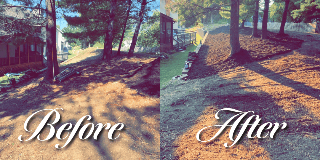 Before and after comparison of a hillside yard transformation by Graceful Grounds Landscape and Design in Saint Louis, Missouri, showcasing professional grading and landscaping improvements.