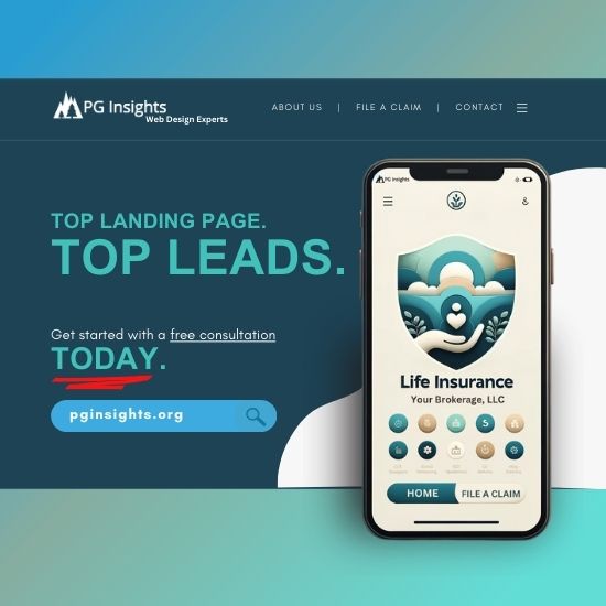 To the left-hand side of the ad creative is text that reads: 'Top landing page. Top leads. Get started with a free consultation TODAY.' and the word 'today' is underlined in red. The top is meant to imitate the navigation bar on a website that PG Insights could design, host, and optimize for a small insurance business in St. Charles, MO. To the right-hand side of the ad creative is a vector mobile app mockup, designed by PG Insights, displayed on a smartphone, featuring a life insurance-themed logo. The logo design symbolizes life, care, and protection, incorporating elements like a heart, a family silhouette, and a protective hand. The color scheme is comforting and reassuring, with a combination of soft blues, gentle greens, and warm beige tones. These colors represent tranquility, safety, and reliability, resonating with the theme of life insurance. The navigation bar is simple and elegant, matching the logo's style. The app background is a light, soothing color that complements the logo. The smartphone showcases the design with a clear, large display, highlighting the life insurance theme of the mockup.
