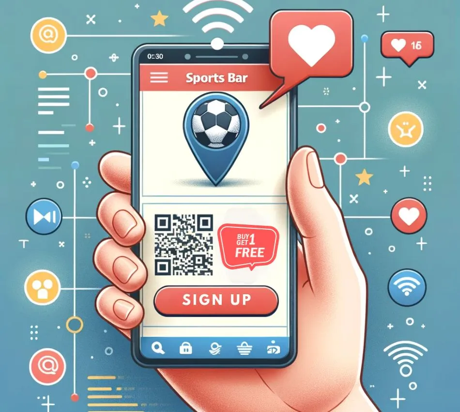 Illustration showing a hand holding a smartphone with a sports bar app opened. On the app interface, there's a notification about a special discount on game night, and a QR code for quick sign-ups. In the background, subtle digital icons represent Wi-Fi signals, likes, and shares, indicating digital engagement.