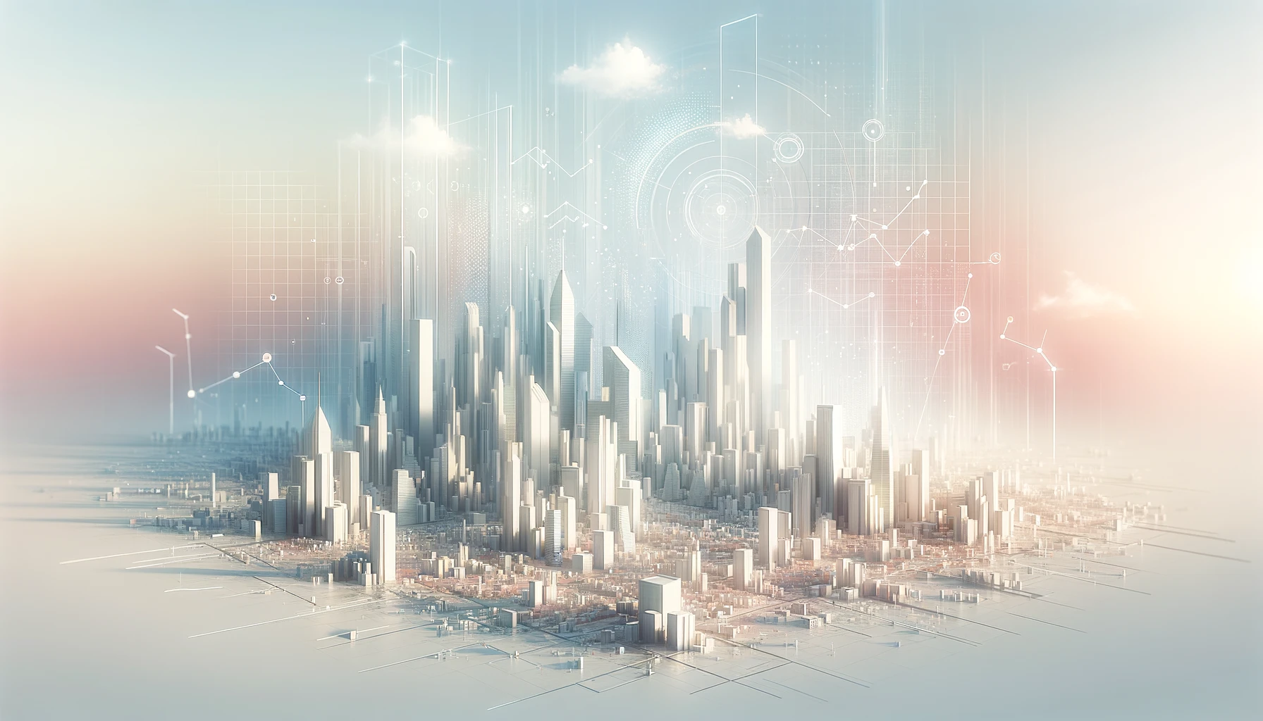 high tech city abstract with futuristic buildings and cityscape at sunset, in the style of light beige and cyan, realistic yet ethereal, light silver and red, aerial view, cloudcore, dreamlike atmospheres, highly detailed figures 