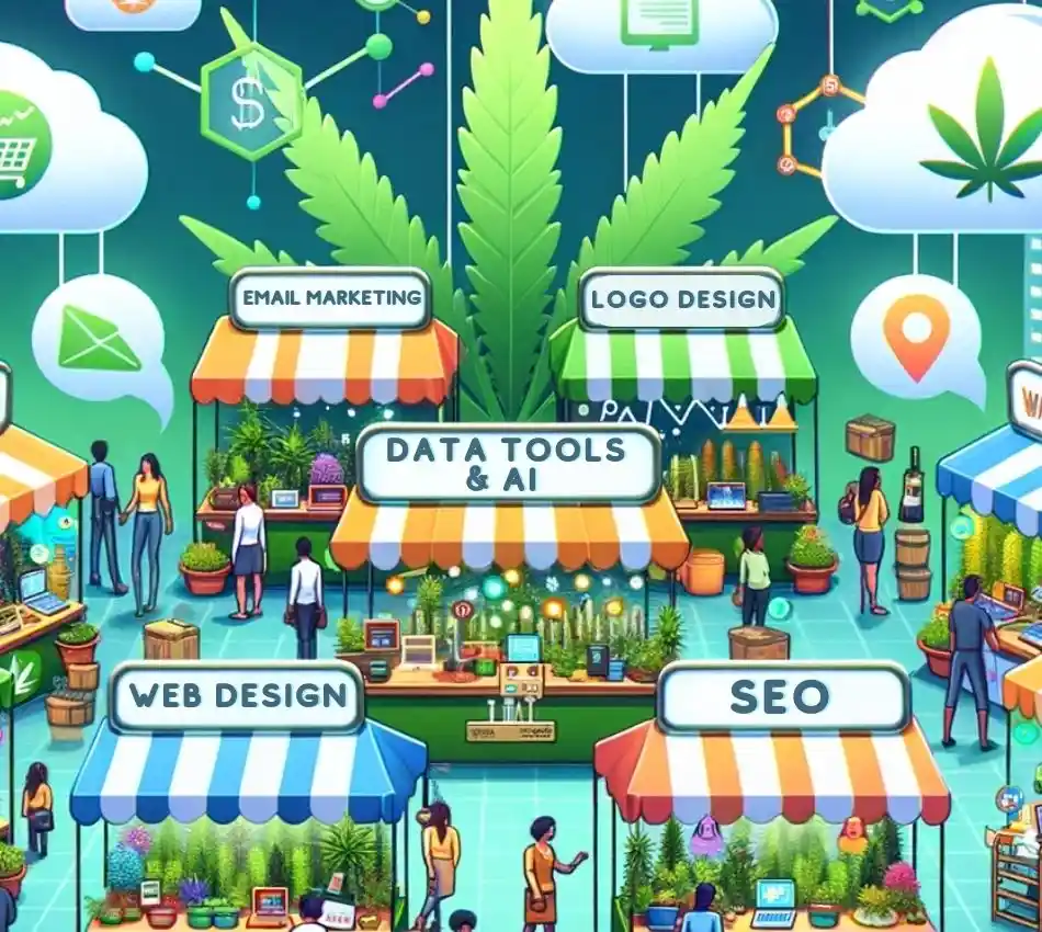 Illustration of a vibrant digital marketplace set within a cannabis-themed city. The bustling stalls, each representing a different digital marketing service, and the overhead digital clouds make it a lively scene of commerce in the cannabis digital realm.