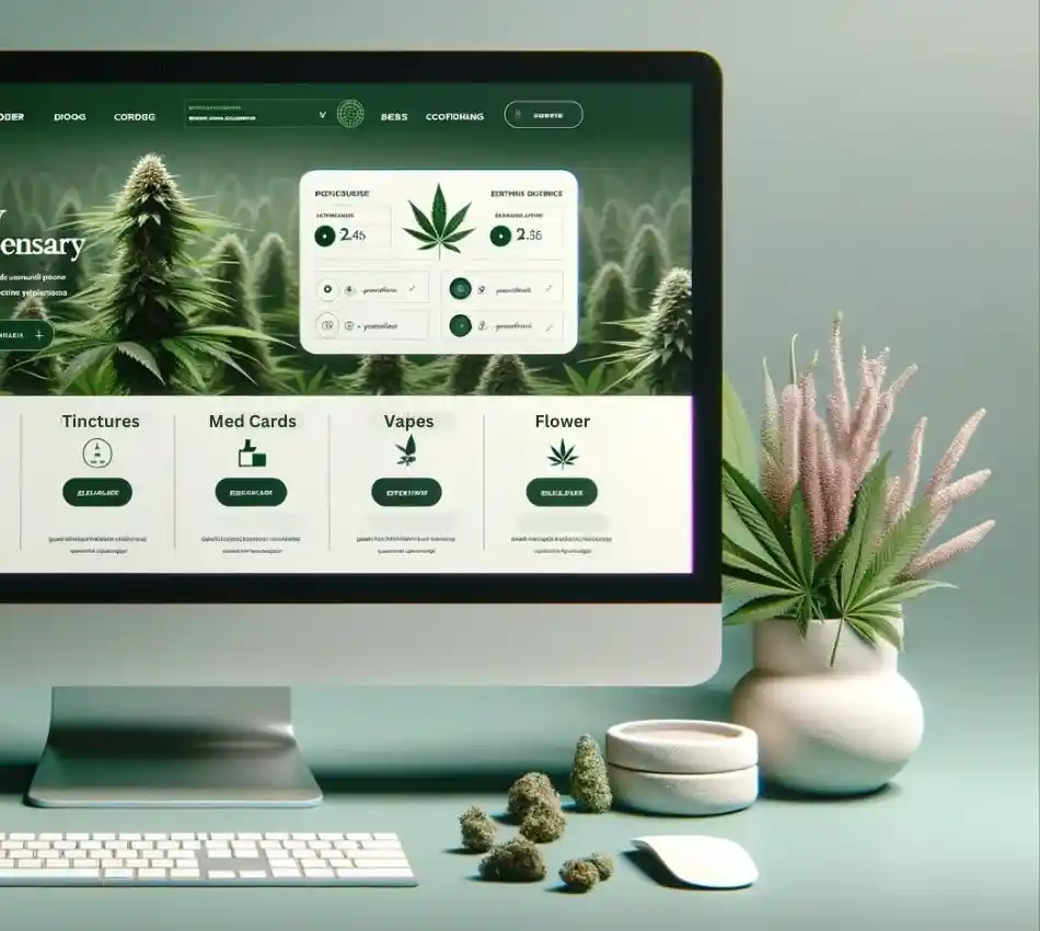 Photo of an elegant website interface on a desktop computer, tailored for a luxury cannabis dispensary. The interface features an intuitive dashboard with modules for patient education, bespoke order customization, event scheduling, and a blog with the latest industry news. The color scheme is a blend of ivy green and soft white, with high-resolution images of premium cannabis products and interactive data visualizations.