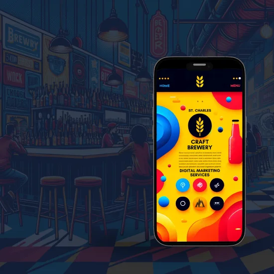 To the right, a minimalist vector-art mockup of a mobile web app for a craft brewery, featuring a vibrant color scheme of bright yellow, red, and blue. The home screen includes a basic navigation bar with simple icons for home, menu, and contact. The main area displays one or two craft beer options using abstract, stylized colored shapes or lines against a plain background. A small, simple logo of a hop or barley is placed at the top, symbolizing the brewery's identity. The design is extremely simplified, emphasizing a minimalist and modern aesthetic. The background image is dark and faded, contrasting with the bright colors of the mobile-optimized website design. Shining through the high contrast background is wide, vibrant scene of a craft brewery interior. This perspective shows a close-up view of the bar area with bar stools and a bartender, diverse customers of Caucasian, Hispanic, Black, and Asian descent, and part of the brewing equipment in the background. The walls are decorated with vintage brewery posters and bright neon signs in red, yellow, and blue colors. The black and white checkered floor is visible in the foreground. Warm, ambient lighting with red, yellow, and blue tones adds to the atmosphere.