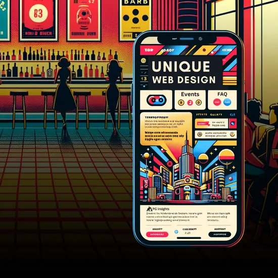 A marketing creative that features, in the foreground, a mobile website mockup for a contemporary nightclub, designed by PG Insights, utilizing a vibrant, vector style. The homepage layout includes: Top Section with the nightclub's logo and a menu icon. Hero Section with a cropped version of the first vector-style nightclub artwork. About Section with a brief introduction over a semi-transparent vector graphic. The color scheme uses red, yellow, and blue tones. Content sections include an Events Calendar with stylized date blocks, a Photo Gallery carousel in vector style, and Contact Information with a vector-styled map. The footer has social media links in the vibrant style and a newsletter subscription form. The site features modern, bold typography, responsive design, and high contrast for accessibility. The overall vibe is lively and contemporary. The background is somewhat obscured by a dark gradient layer, and features a minimalist scene of a contemporary nightclub interior in a vibrant vector style, maintaining the red, yellow, and blue tones. This scene has fewer elements for a cleaner look. The modern dance floor with a checkered pattern is less crowded, with just a few patrons, including men and women of various descents such as Caucasian, Hispanic, Black, and Middle-Eastern, in modern attire, subtly dancing or enjoying drinks. The walls have fewer vintage-style nightlife posters, emphasizing more on the open space. The modern DJ booth, contemporary lounge area, and bar with stools are more spaced out. The lighting remains warm and ambient in red, yellow, and blue hues, maintaining the lively and colorful atmosphere but with a less busy feel.