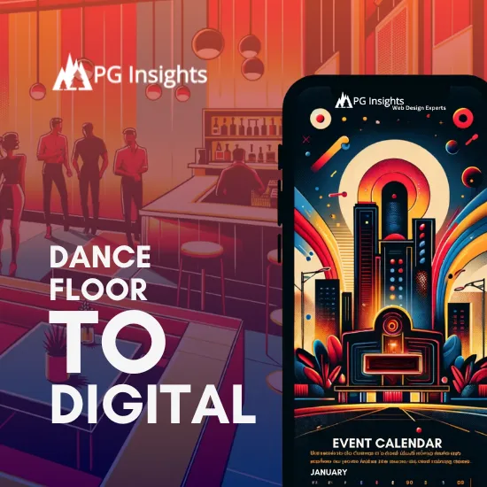 An ad creative, square in dimension. The foreground features the PG Insights logo in the top-left corner, and marketing text on the left-hand side that reads: 'Dance Floor to Digital'. On the right side of the foreground is a mobile website mockup for a modern nightclub, designed by PG Insights' own web design experts, and inspired by the vibrant vector style of the first nightclub image. The homepage layout includes: large, colorful op Section with the nightclub's logo. About Section with a brief introduction. The color scheme uses red, yellow, and blue tones. Content sections include an Events Calendar with colorful date blocks, a Photo Gallery carousel, and Contact Information with a vector-styled map. The footer has social media links in the vibrant style and a newsletter subscription form. The site features modern, bold typography, responsive design, and high contrast for accessibility. The overall vibe is lively and contemporary. The background is partially obscured by a gradient layer, and features a modern, bright nightclub interior in vibrant vector style, predominantly using red, yellow, and blue tones. The scene is designed with a closer perspective focusing on key elements. The nightclub is not sparse but not crowded, featuring a few patrons, including men and women of diverse descents: Caucasian, Hispanic, Black, and Middle-Eastern, all in modern attire, subtly dancing or enjoying drinks. The walls are adorned with a few modern nightlife posters. A modern DJ booth, a lounge area, and a bar with stools are proportionally spaced out. The atmosphere is lively and colorful, emphasizing the essential features of the nightclub.