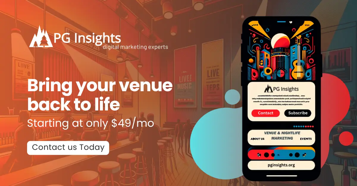 On the left side of this landscape-oriented marketing creative is text that reads: 'Bring your venue back to life starting at $49/mo'. On the right side is a mockup of a contemporary music venue website adapted for a mobile device by PG Insights. The design features vibrant vector style elements with dominant red, yellow, and blue tones. The mobile version includes a compacted navigation bar suitable for small screens, with links to 'About Us,' 'Events,' 'Ticket Booking,' 'Gallery,' and 'Contact.' The website's stylish logo is adjusted for mobile viewing. Sections for 'About Us,' 'Upcoming Events,' 'Ticket Booking,' 'Gallery,' 'Testimonials,' and 'Contact' are neatly arranged for a vertical scroll. The footer includes minimized social media icons, a newsletter signup form, and legal links. In the background, partially obscured by a gradient layer, is a contemporary music venue interior in an even more vibrant vector style, with slightly brightened red, yellow, and blue tones. The perspective is closer, highlighting key elements. The scene includes a few patrons, with men and women of diverse descents including Caucasian, Black, Hispanic, and Middle-Eastern, in modern attire, subtly dancing or enjoying drinks. The walls feature posters of live music and performances. The venue includes a modern but modest stage, lounge area, and bar with stools, all in proportion. The atmosphere is enhanced to be more lively and colorful, emphasizing the concert venue ambiance.