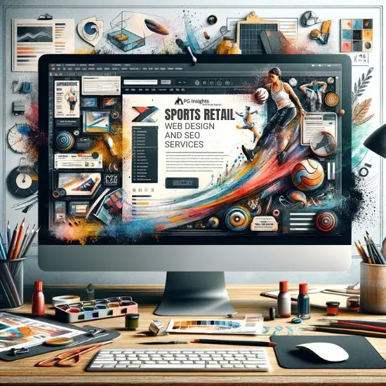 A digital marketing advertisement featuring an artistic style, with a modern computer screen displaying a an artistic design of a sports retail website. The content on the screen is an artistic, abstract rendition of a website, designed for promoting sports retail and sporting goods stores. Included are elements like promotional messages, images of athletic wear, sports equipment, and fitness accessories, all blended into an artistic composition with watercolor textures, brush strokes, and abstract shapes. The website design is creative and visually striking, yet clear enough to convey its purpose. Surrounding the computer screen are elements of a professional office environment, rendered artistically with creative colors and textures. The background is clean but artistically enriched, complementing the theme. On the screen, there is a PG Insights Web Design Experts company logo and header text that reads, 'Sports Retail Web Design & SEO Services', in a style that matches the overall artistic theme. The design is captivating, combining modern marketing techniques with artistic creativity.