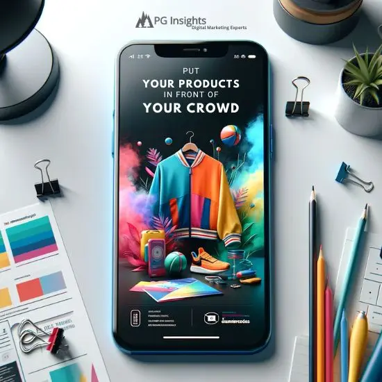A vibrant and minimalistic digital marketing advertisement designed for a mobile display. The image showcases a modern smartphone displaying an email marketing creative for sports retailers. The PG Insights Digital Marketing Experts logo is centered above the mobile device. The content on the smartphone screen is minimal but colorful, featuring one or two key images like a colorful piece of athletic wear and some bright sports accessories, along with a concise promotional message, 'put your products in front of your crowd', in a style that matches the colorful yet clean theme. The artistic elements are subtle, with a hint of watercolor effect and soft brush strokes, adding a pop of color while keeping the overall design clean and straightforward. The professional office environment, including a part of a sleek desk, is minimalistic with a touch of color. The background is clean and uncluttered. The overall design is modern, appealing, and effective, specifically tailored for mobile marketing solutions for sports retailers.