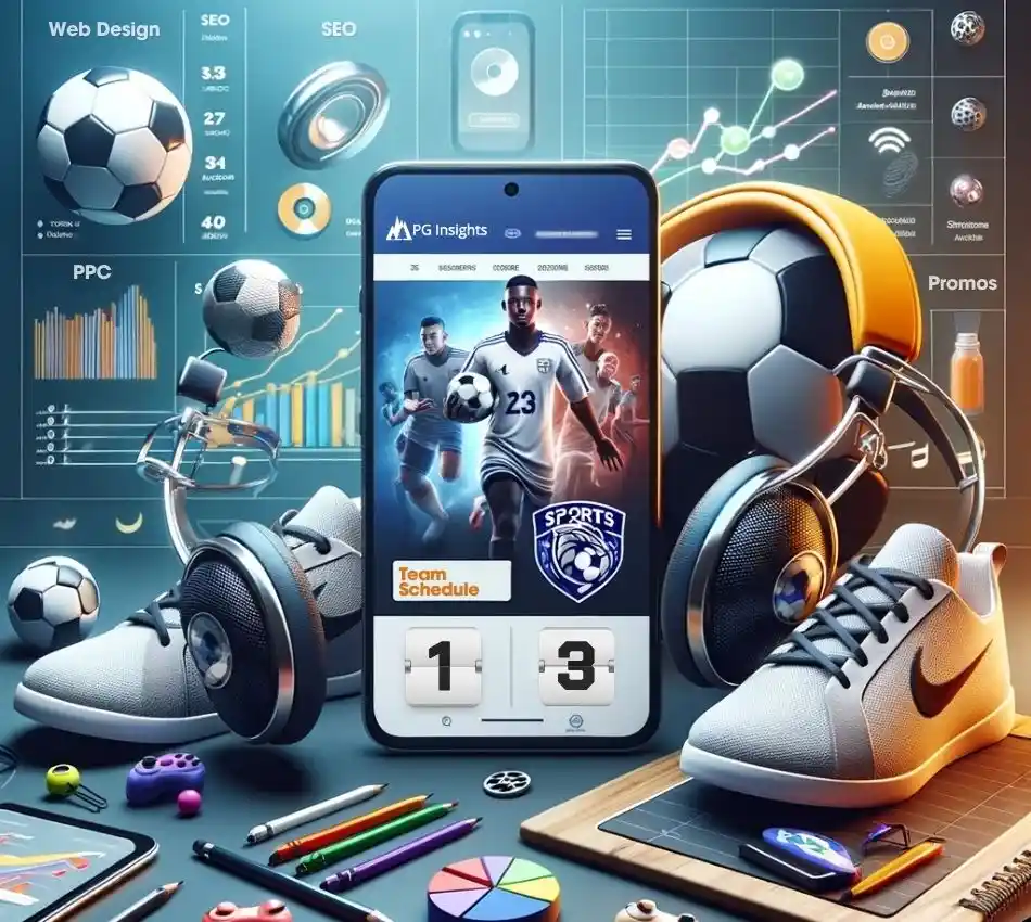 A realistic and visually appealing illustration depicting digital marketing services for youth sports in St. Louis, Missouri. Central to the image is a modern smartphone with a clear, realistically colored sports website featuring a team logo and minimal text. Nearby, a smartphone and tablet display sports-related content, with the colors being more true-to-life and less saturated. Include a pair of stylish headphones to represent podcast marketing. The background should subtly feature elements of SEO and data analytics, like charts and graphs, using realistic colors and minimal labeling. Integrate sports equipment such as soccer balls, running shoes, and basketballs, with colors that are realistic yet appealing to a young audience. The overall style should balance vividness with a more natural color palette, emphasizing the practical aspects of digital marketing for youth sports teams and athletes.