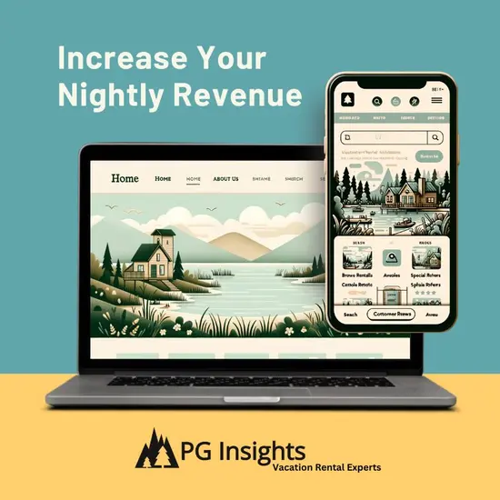 On a background of drab greens, there is, at the top, dark, header text that reads: 'Increase your nightly revenue'. Beneath, there are two vacation rental website mockups, one on a laptop and one on a smartphone, the smartphone is floating, offset to the right-hand side of the screen, allowing better visibility of the laptop. On the screens is an illustration of a vacation rental website, similar to those designed by PG Insights. The rental booking website has a Midwestern theme and a minimalist design approach. The design features a stylized, cartoon-like illustration of a charming Midwestern landscape at the top, showcasing a quaint cabin beside a serene lake with gentle hills in the background. The layout is simplified with fewer elements for a cleaner look. Key navigation tabs such as 'Home', 'About Us', and 'Browse Rentals' are present, but with more spacing for an uncluttered feel. A minimalist search bar is included, and there are fewer customer reviews, presented in a more concise format. The color palette is soft and muted, with pastel shades of green, blue, and beige, enhancing the illustrative and tranquil feel of the design.