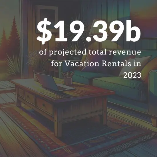 Text reading: '$19.39b of projected total revenue for vacation rentals in 2023' overlays a faded background of a vibrant, almost kodachrome living room. A look out the window reveals a scenic, alpine landscape.