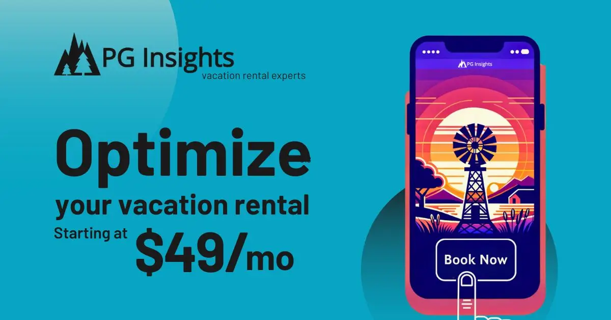 On the left is marketing text that reads: 'Optimize Your Vacation Rental starting at $49/mo'. On the righthand side is vector design of a mockup of a mobile-optimized website, designed by PG Insights for an airbnb and VRBO property in St. Charles, Missouri. The mobile website highlights a Midwestern windmill against a sunset backdrop. It is minimalistic with a 'Visit' button centered near the bottom of the smartphone, and has a color theme of oranges, purples, and golds.
