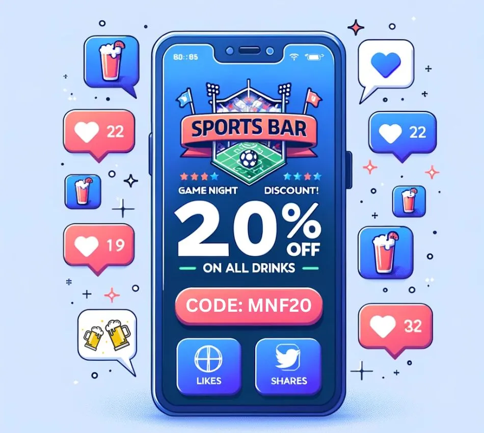 A smartphone screen displaying a sports bar's promotional app. The app showcases a special offer: Game Night Discount! 20% off on all drinks. Surrounding the phone, there are small digital icons representing likes, shares, and notifications, symbolizing the effectiveness of digital marketing.