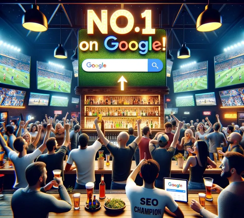 A bustling sports bar interior with large screens displaying various sports games. Diverse groups of patrons cheer and enjoy their drinks. Above one screen, there's a glowing neon sign that reads: No.1 on Google! There is a magnifying glass icon beside it. On the bar counter, there's a tablet displaying a search engine result page with the bar's website ranked at the top. In the foreground, a bartender serves drinks while wearing a t-shirt that says: SEO Champion.
